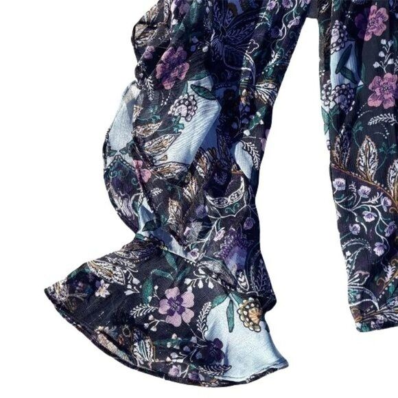 90's Iz Byer Boho Ruffled Bell Sleeve Metallic Threading FLoral Blouse Blue Sz L - Picture 3 of 12